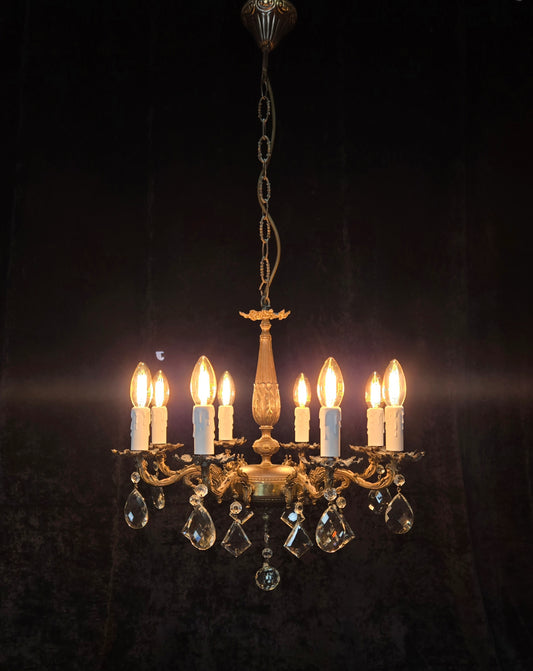 Fabulous Vintage Italian 8 Arm Brass Flower Crystal Chandelier Ceiling Light