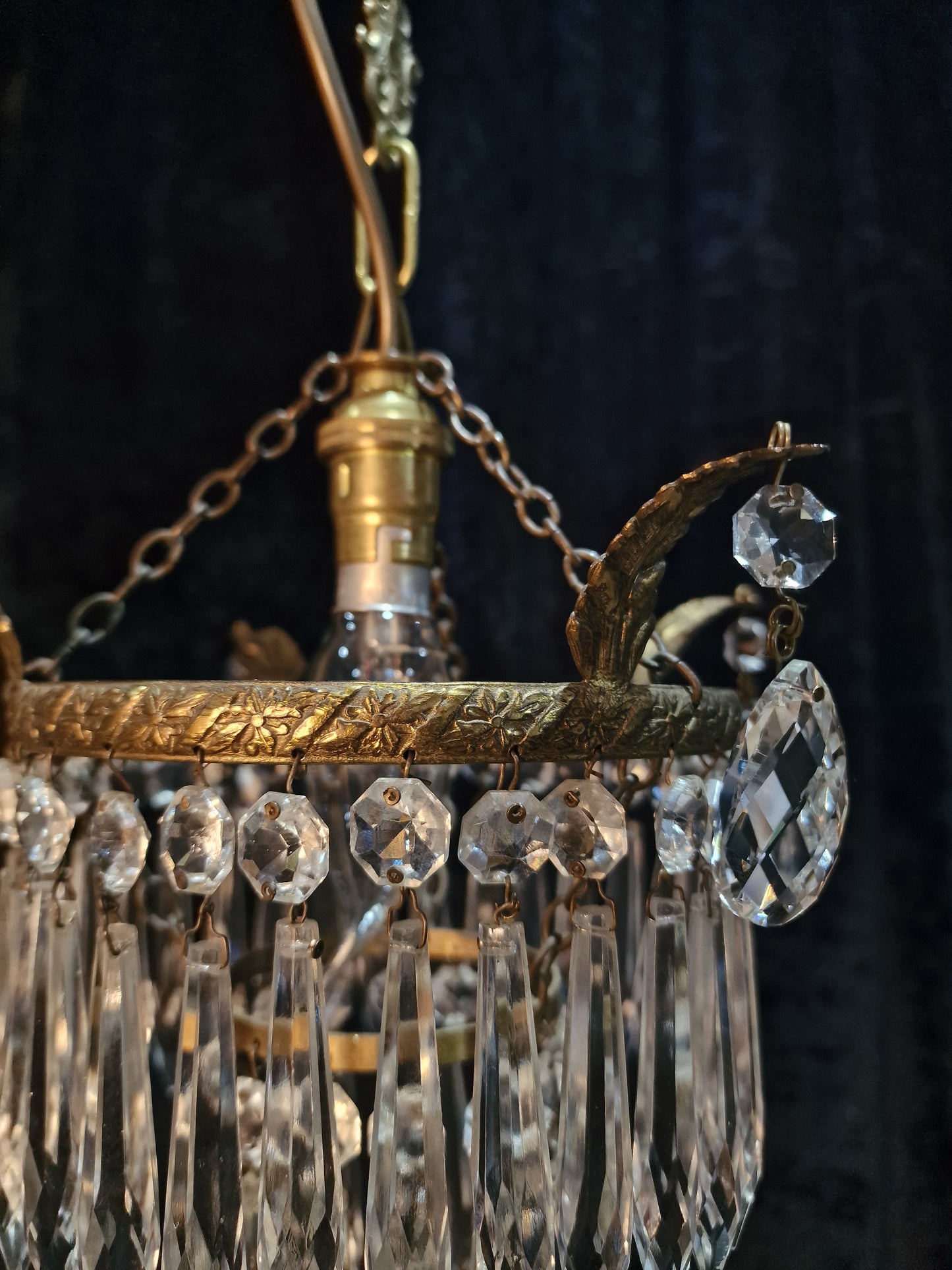 Lovely Antique French Brass Dainty 1 Light Glass Waterfall Leaf Chandelier