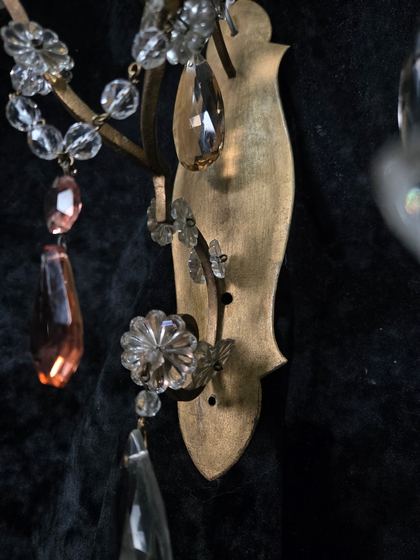 Fabulous Pair Vintage Italian 2 Arm Gilded Wrought Iron Crystal Candle Sconces