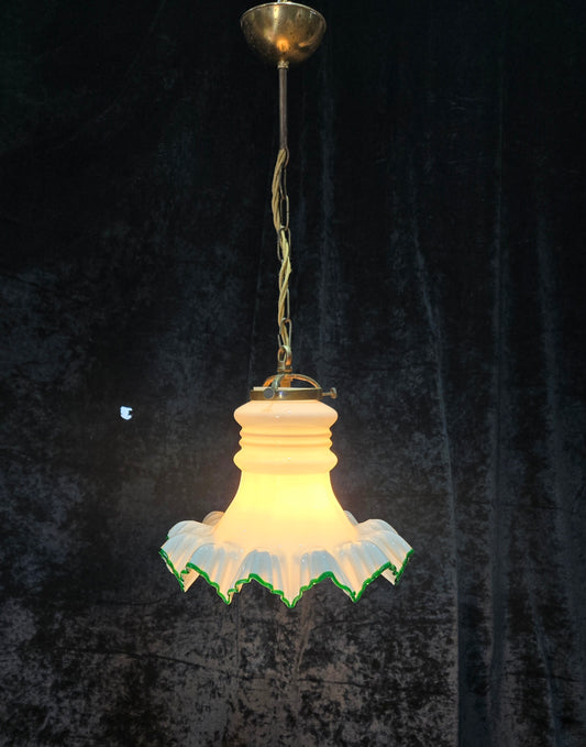 Fabulous Antique French Large Opaline Glass Shade Green Edging Brass Light