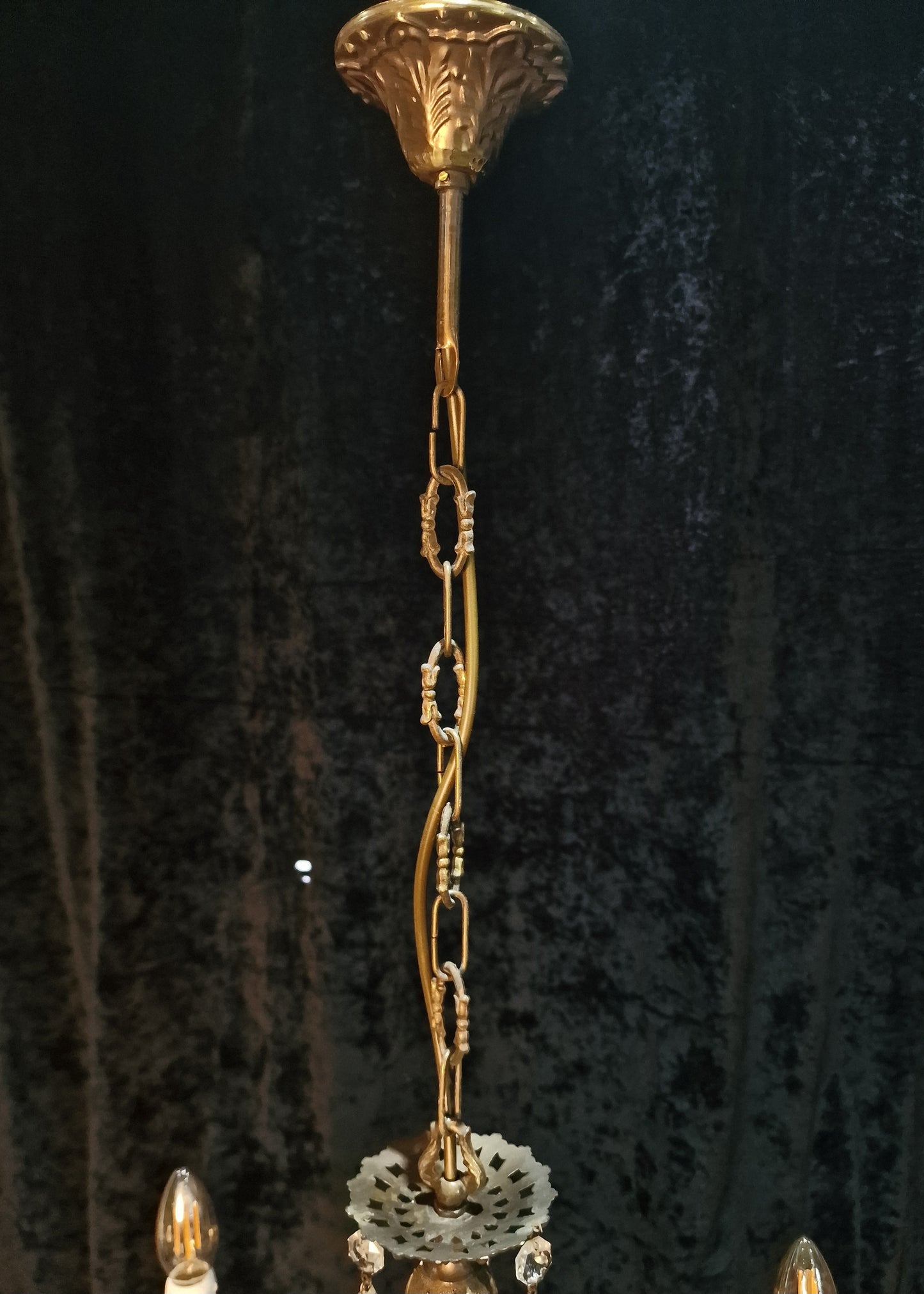 RESERVED Beautiful Vintage Italian 3 Arm Crystal Aged Brass Leaf Chandelier Ceiling Light
