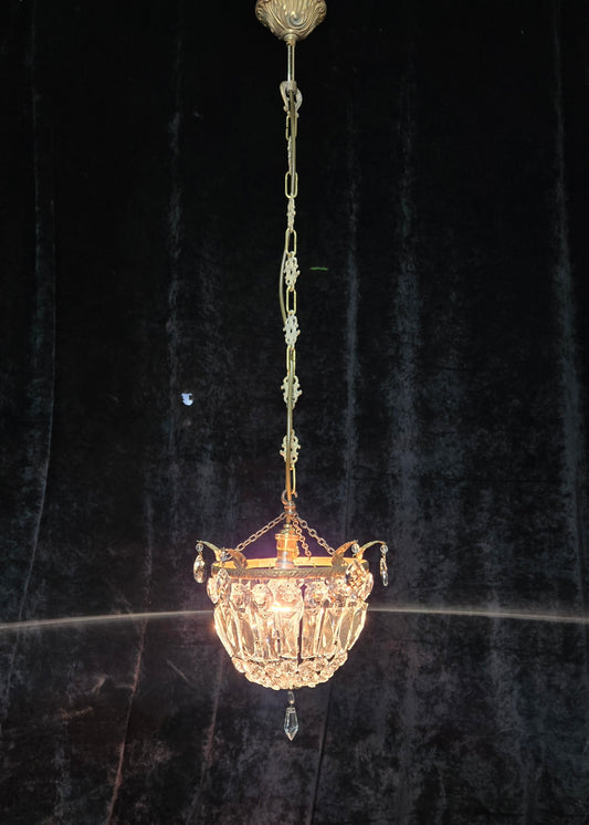 Beautiful Antique French Crystal Half Bag Brass Leaf Chandelier Ceiling Light