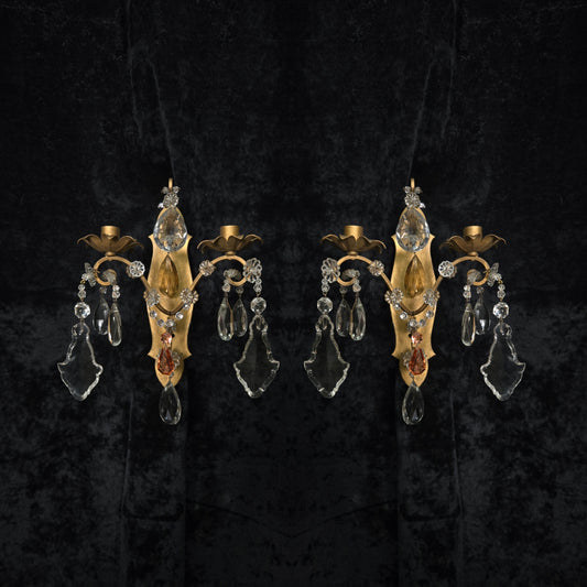 Fabulous Pair Vintage Italian 2 Arm Gilded Wrought Iron Crystal Candle Sconces