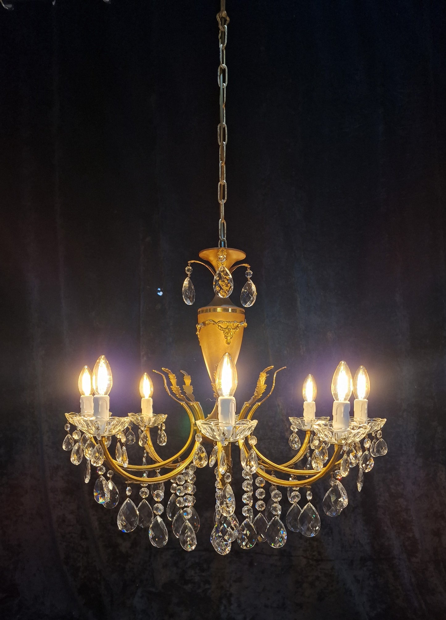 Beautiful Vintage Italian 8 Arm Brass and Crystal Leaf Chandelier Ceiling Light