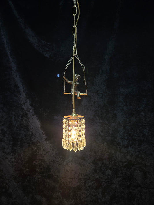 Beautiful Petite Vintage French Brass Cherub Crystal Chandelier Ceiling Light