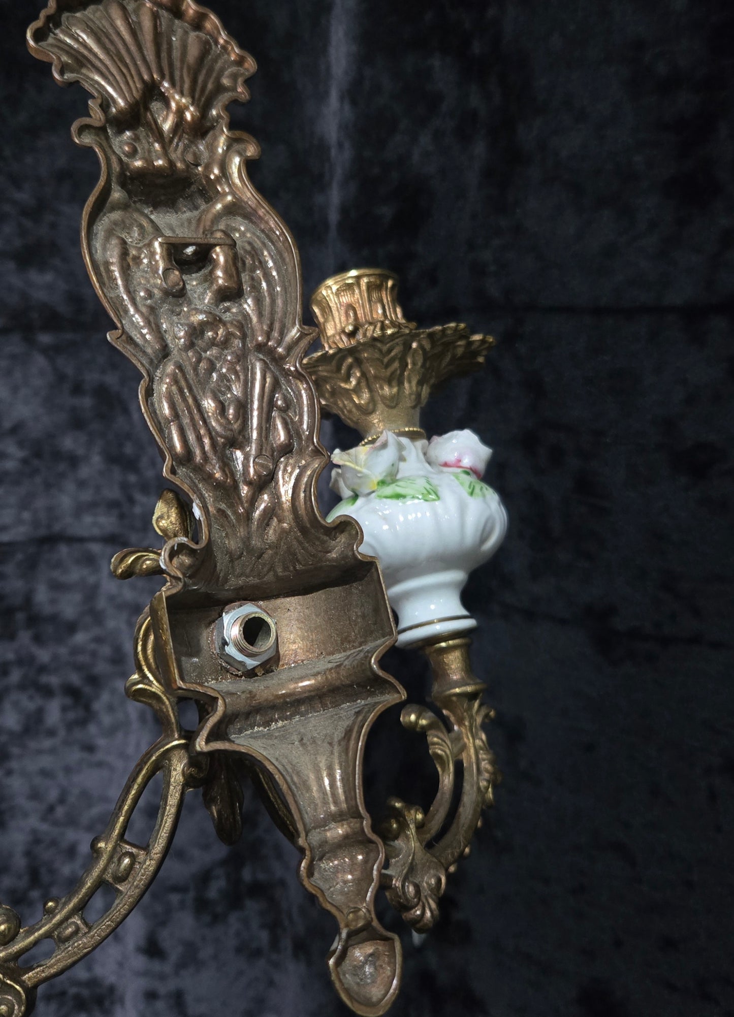 Beautiful Pair Vintage Italian 2 Arm Brass Porcelain Candle Wall Lights Sconces