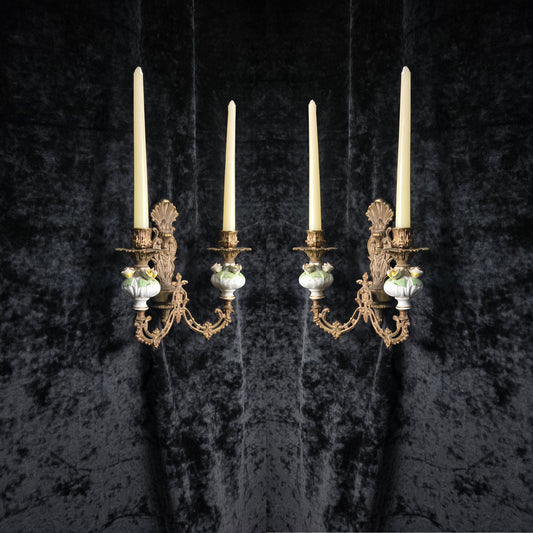 Beautiful Pair Vintage Italian 2 Arm Brass Porcelain Candle Wall Lights Sconces