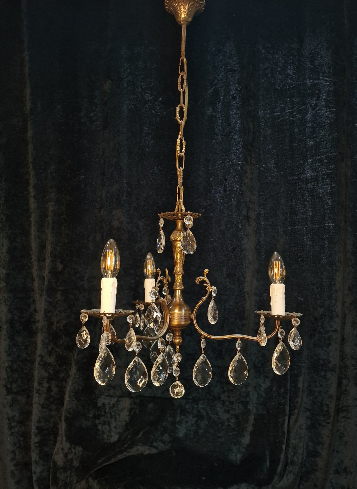 RESERVED Beautiful Vintage Italian 3 Arm Crystal Aged Brass Leaf Chandelier Ceiling Light