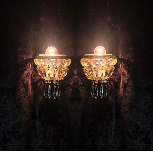 Stunning Pair Antique French Brass Crystal Montgolfiere Sconces Wall Lights