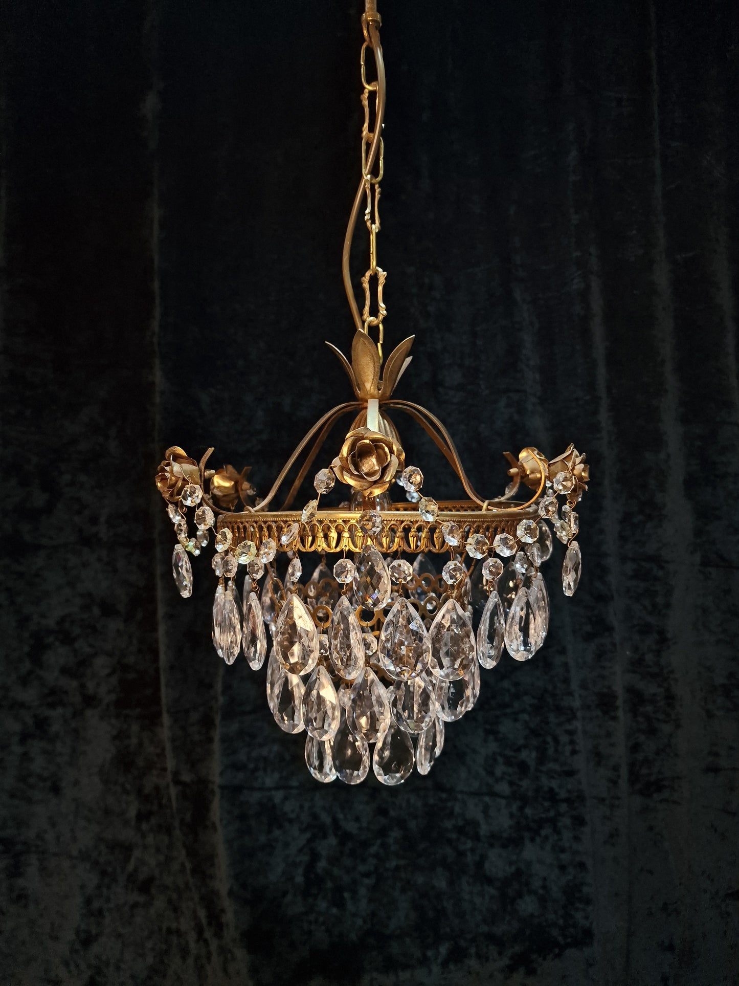 Lovely Vintage French Metal 1 Light Crystal Glass 3 Tier Waterfall Roses Chandelier