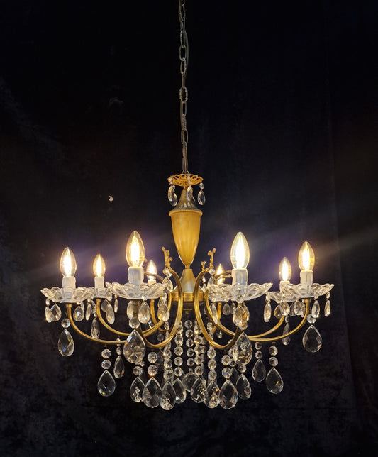 Fabulous Vintage Italian 8 Arm Brass and Crystal Leaf Chandelier Ceiling Light