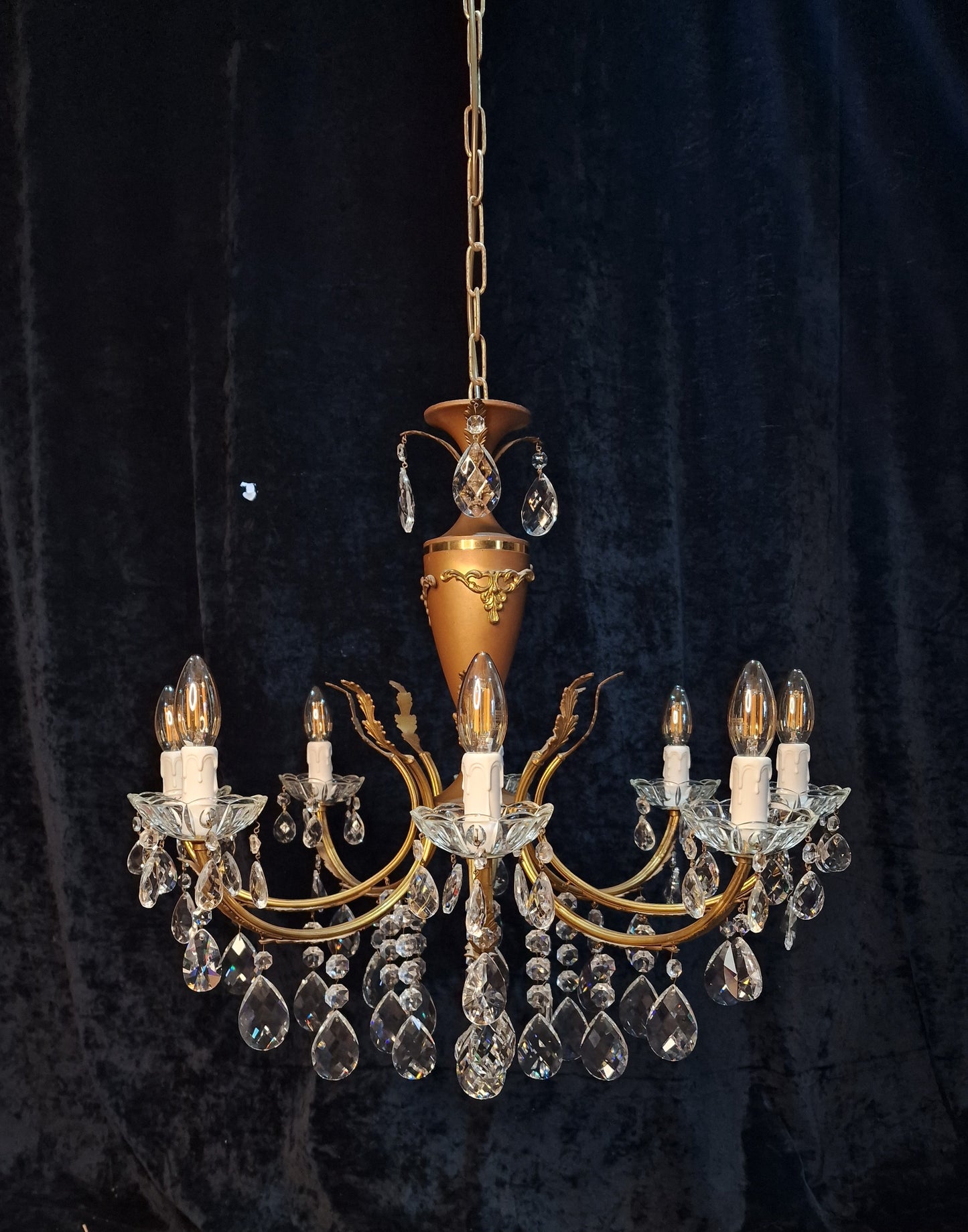 Beautiful Vintage Italian 8 Arm Brass and Crystal Leaf Chandelier Ceiling Light