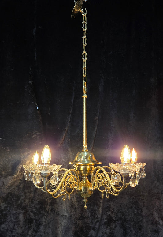 Decorative Polished Brass Vintage 5 Arm Crystal Chandelier Ceiling Light