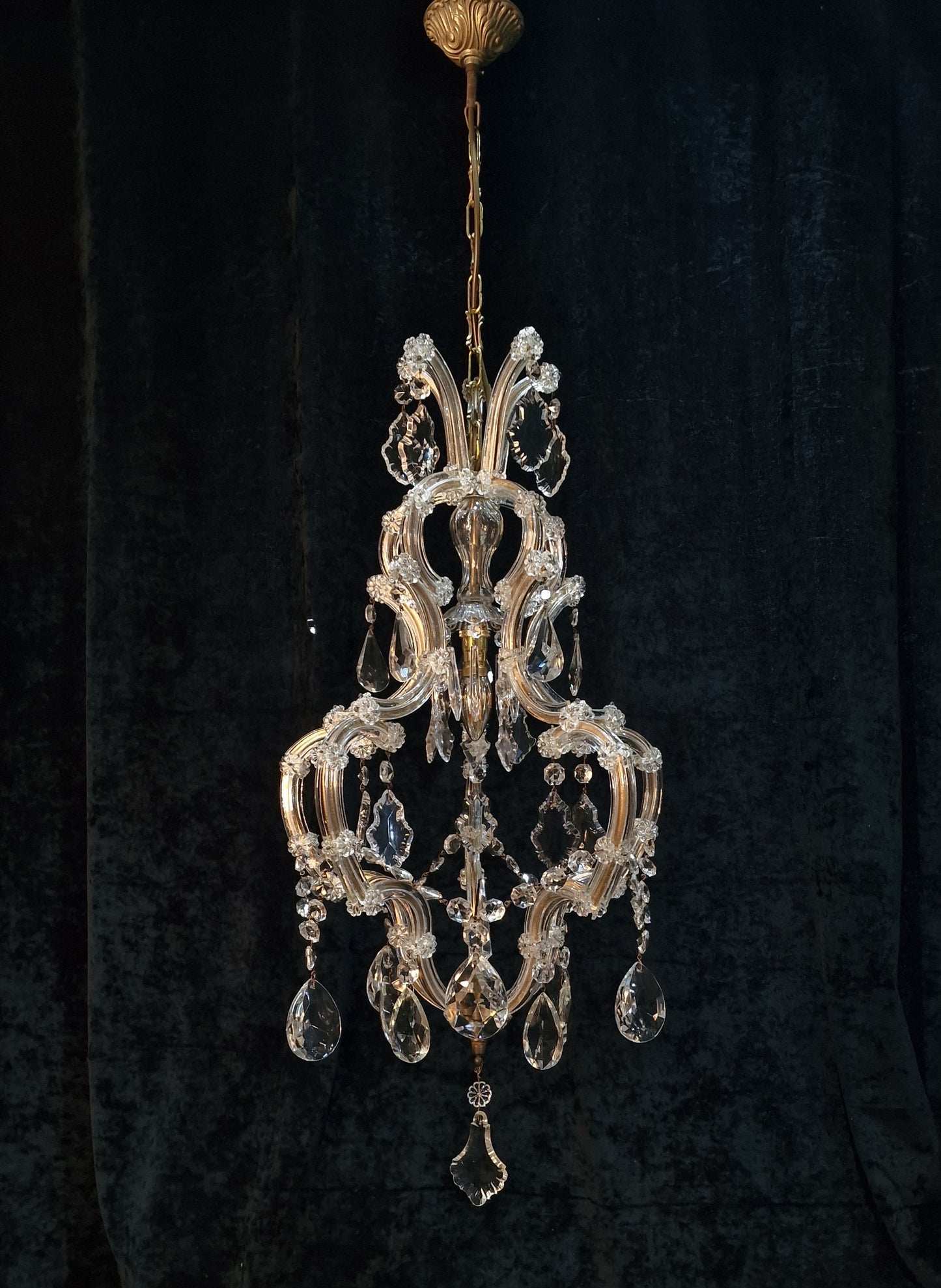 Gorgeous Vintage French Tall 1 Light Brass Glass Marie Therese Cage Chandelier