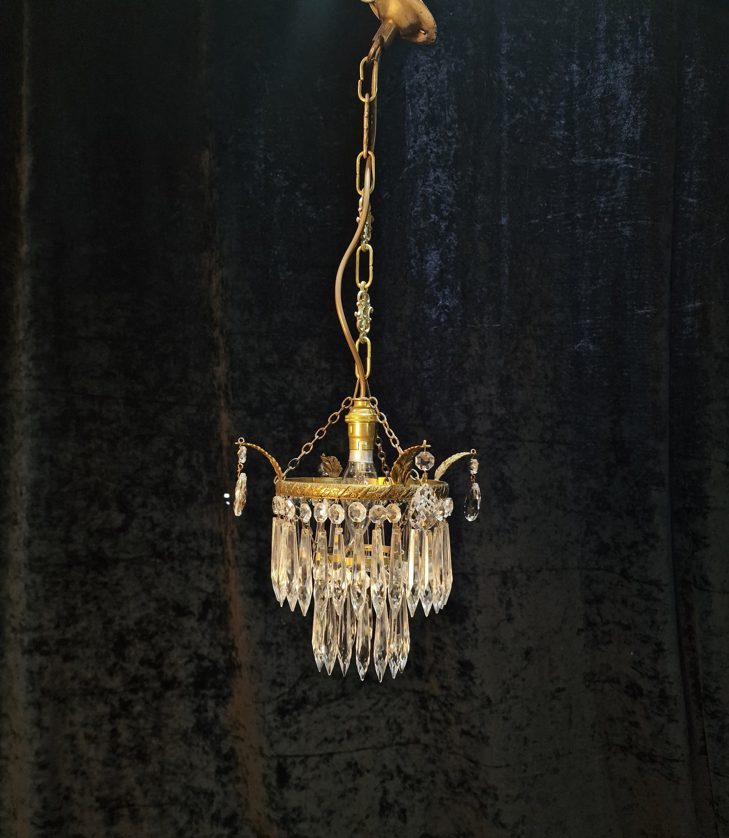 Lovely Antique French Brass Dainty 1 Light Glass Waterfall Leaf Chandelier