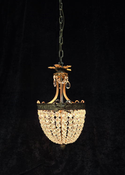Traditional Antique French 3 Light Brass Bronze Crystal Empire Chandelier