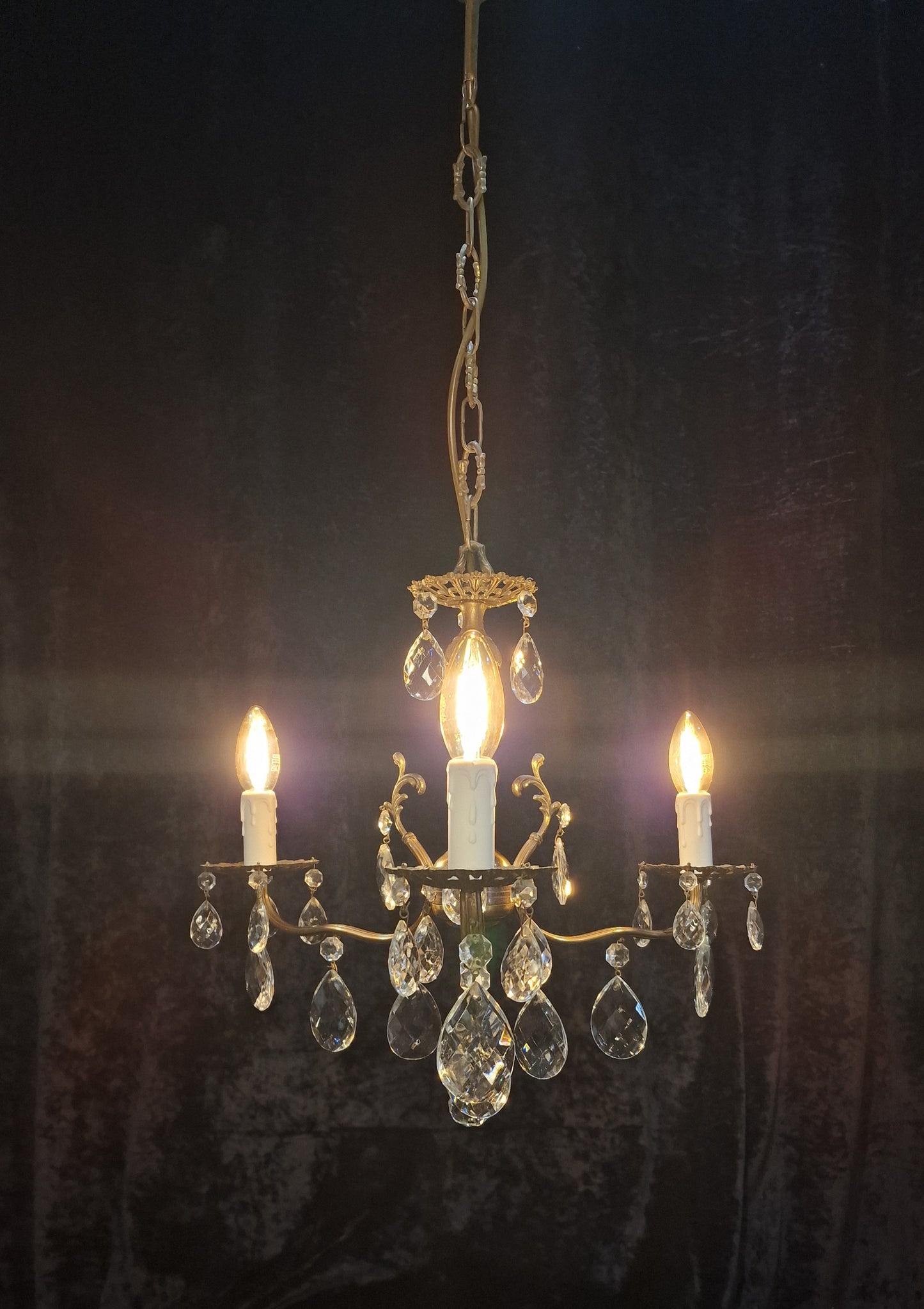 RESERVED Beautiful Vintage Italian 3 Arm Crystal Aged Brass Leaf Chandelier Ceiling Light