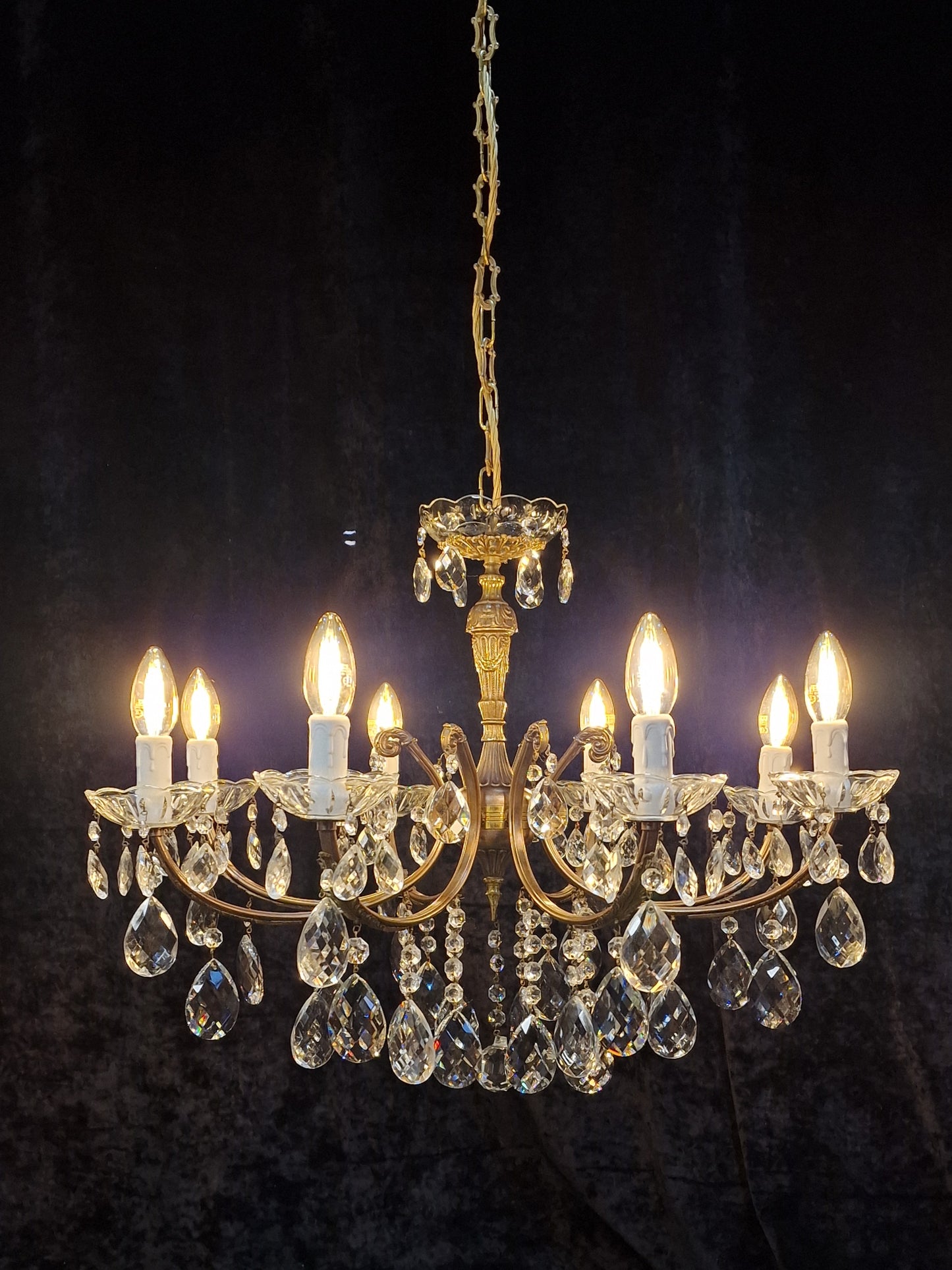 RESERVED Decorative 8 Arm Vintage Italian Glass Crystal and Brass Leaf Chandelier Light