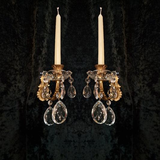 Lovely Pair Vintage Italian 1 Arm Brass Crystal Candle Wall Lights Wall Sconces