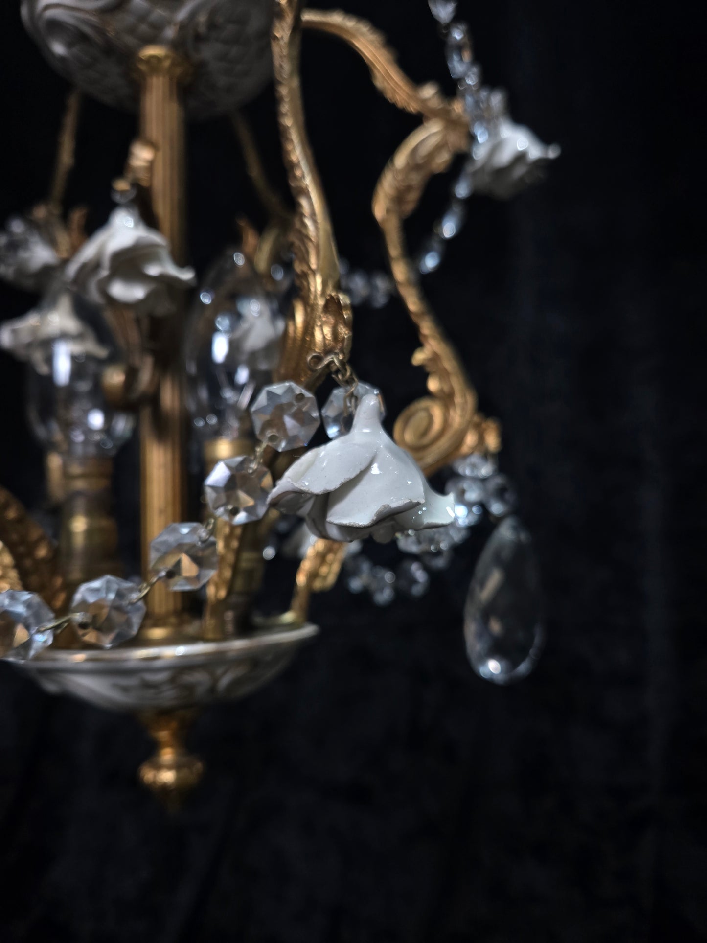 Lovely Vintage Spanish 3 Light Crystal and Brass Ceramic Roses Cage Chandelier