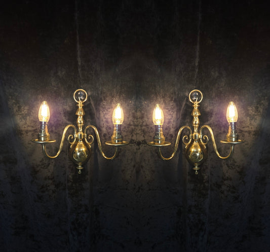 Elegant Pair Vintage Polished Brass 2 Arm Flemish Wall Lights Sconces
