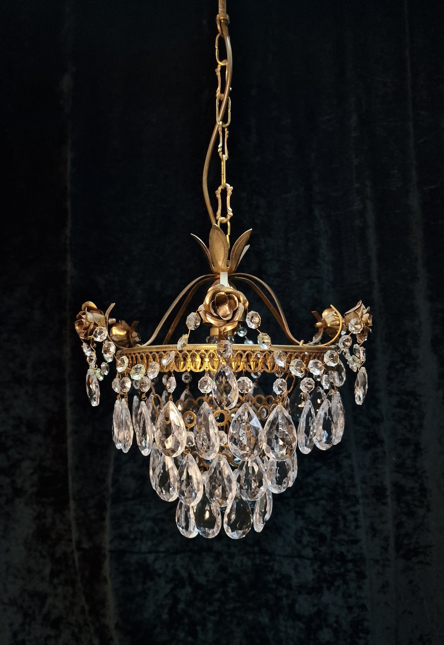 Lovely Vintage French Metal 1 Light Crystal Glass 3 Tier Waterfall Roses Chandelier
