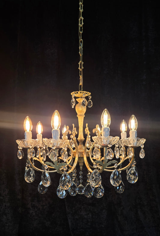 Elegant Vintage Italian 8 Arm Brass Crystal Leaf Chandelier Ceiling Light