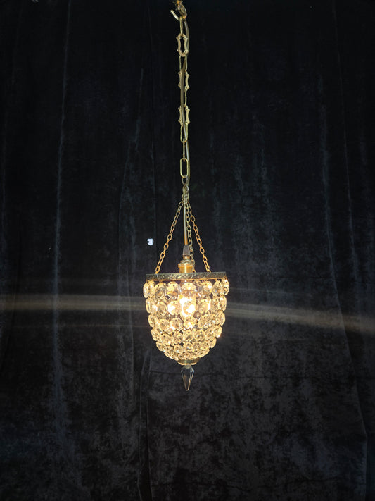 Petite Antique French Crystal Half Bag Brass 1 Light Chandelier Ceiling Light