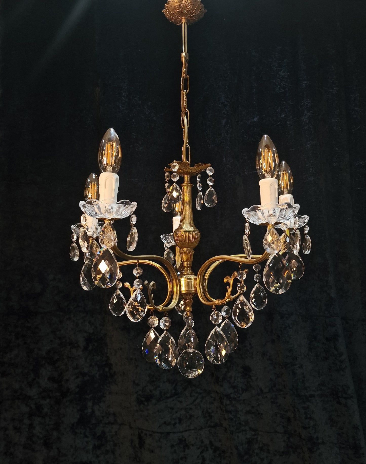 Lovely Vintage French 5 Arm Brass and Crystal Leaf Chandelier Ceiling Light