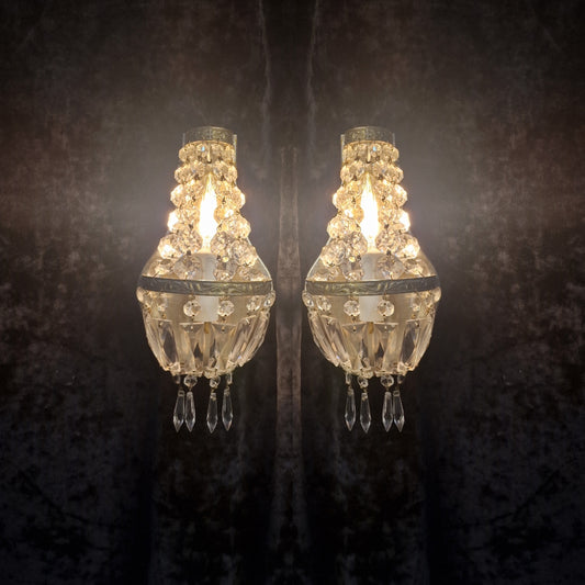 Stunning Pair of Vintage French Brass Crystal Montgolfiere Sconces Wall Lights