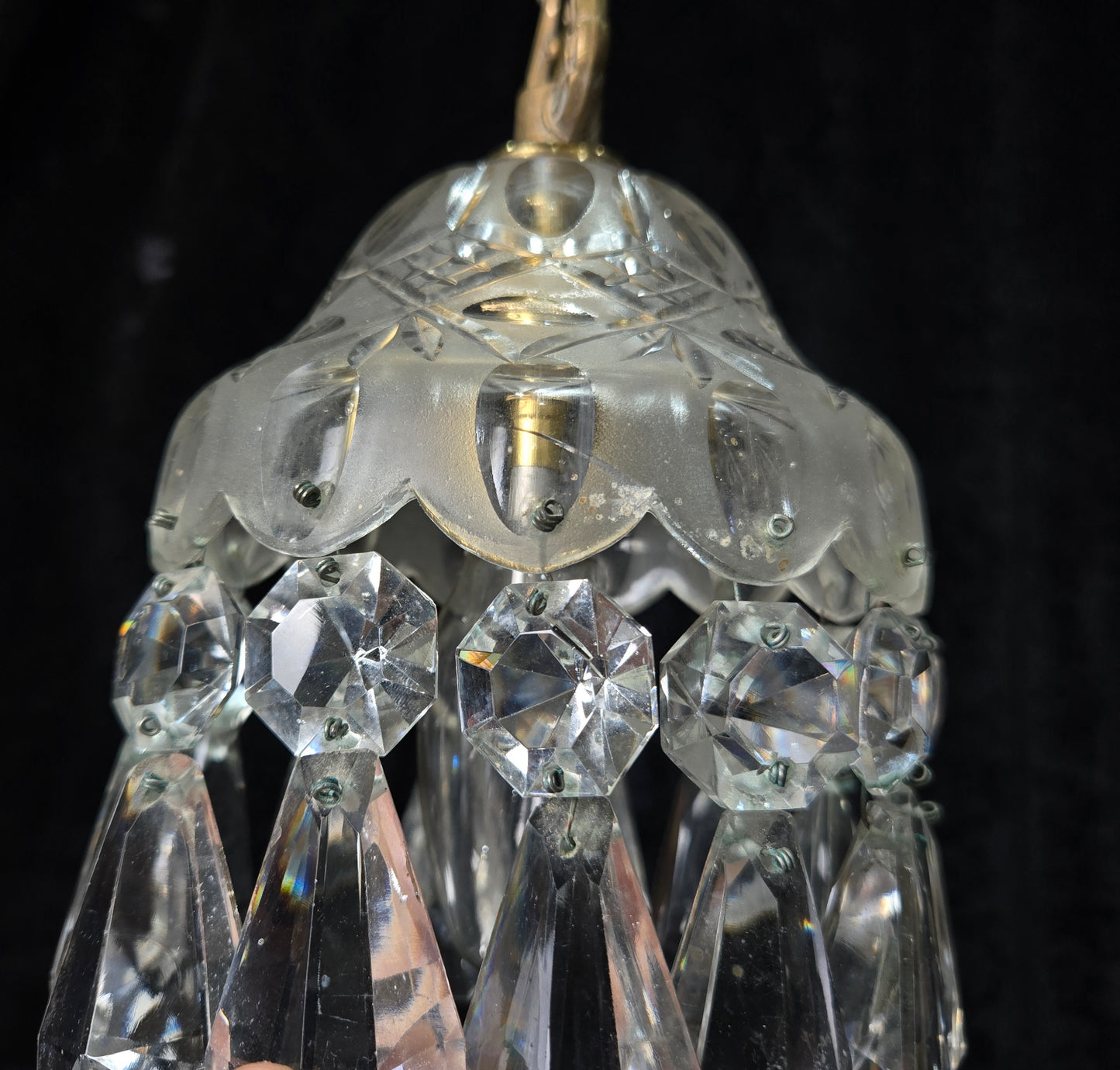 Beautiful Petite Cut Glass Crystal Antique Shade Brass Pendant Light Chandelier
