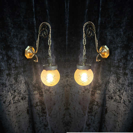 Unique Pair of Vintage Italian Brass Glass Lantern Wall Lights Sconces