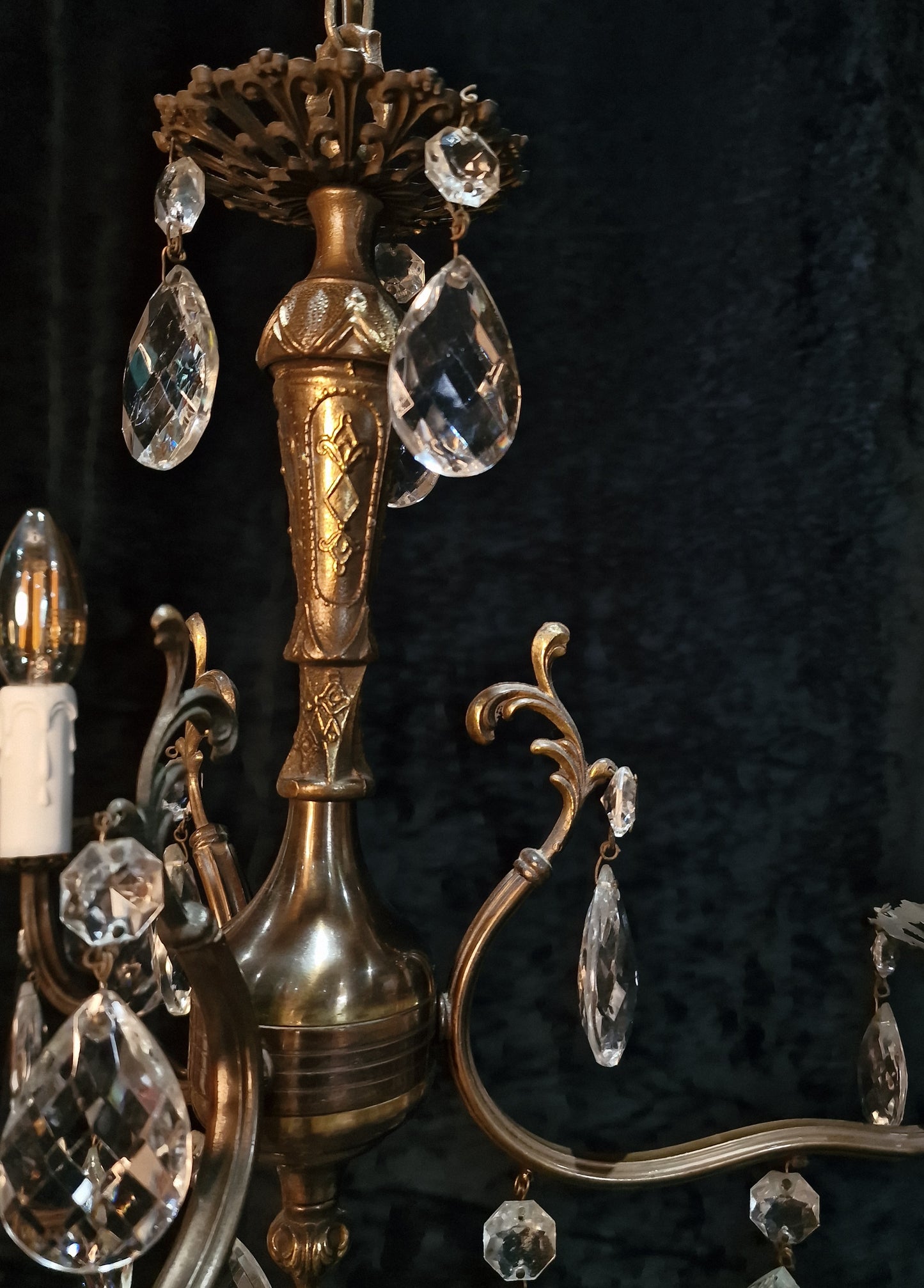 RESERVED Beautiful Vintage Italian 3 Arm Crystal Aged Brass Leaf Chandelier Ceiling Light
