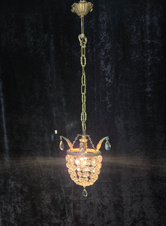 Lovely Petite Vintage French Crystal Half Bag Brass 1 Light Leaf Chandelier Light