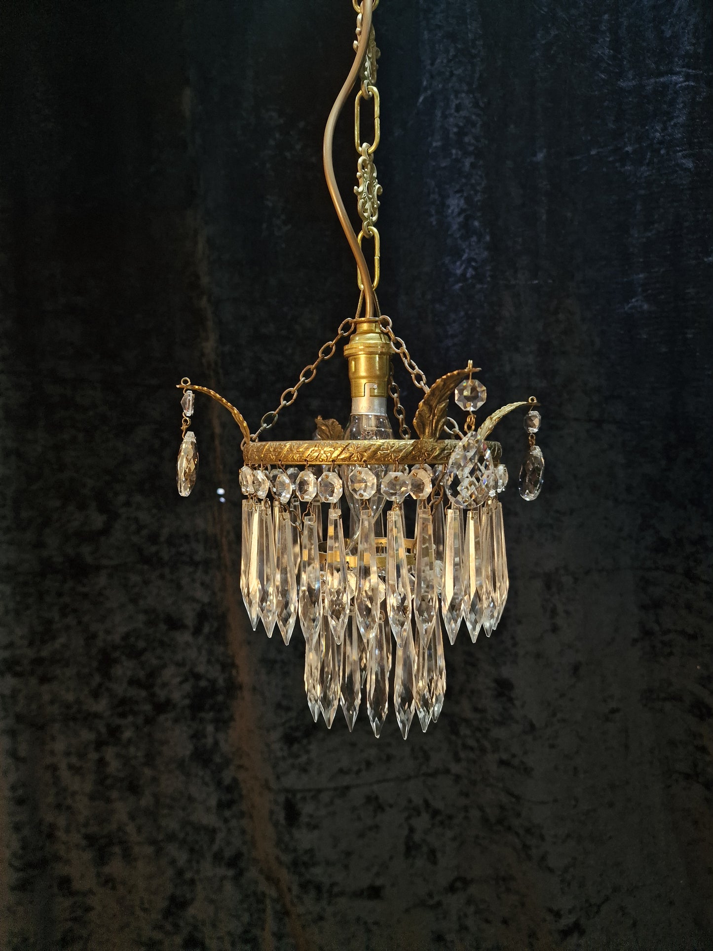 Lovely Antique French Brass Dainty 1 Light Glass Waterfall Leaf Chandelier
