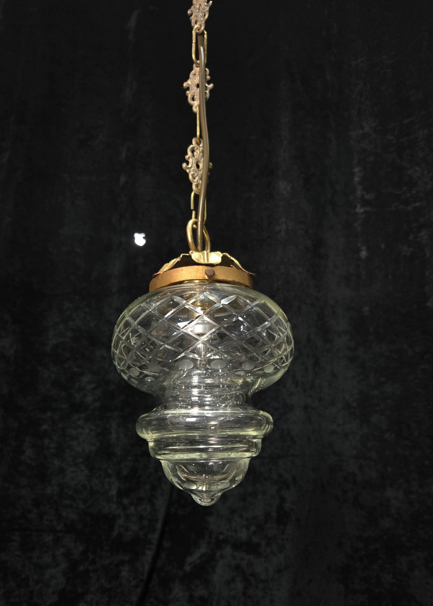 Lovely Vintage Clear Cut Glass Brass Hall Lantern Pendant Light