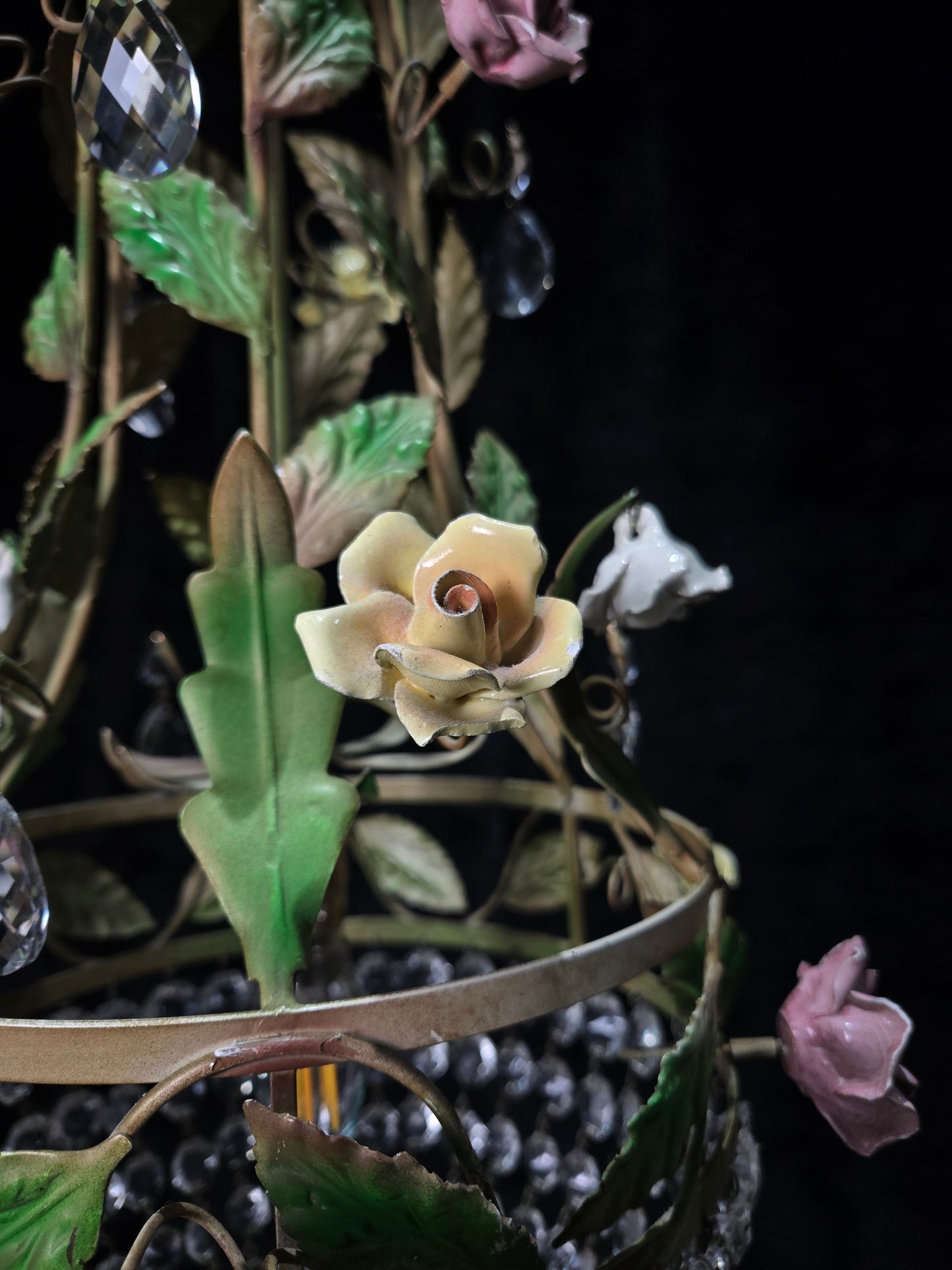 Beautiful Vintage Florentine Italian 1 Light Crystal Roses Toleware Chandelier