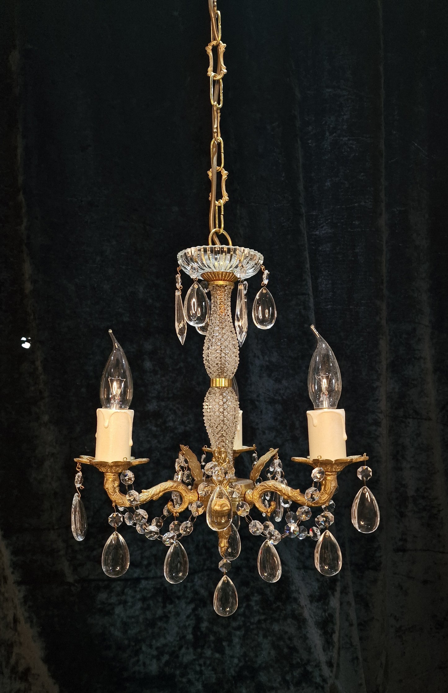 Elegant Vintage Italian 3 Arm Brass Crystal Chandelier Ceiling Light