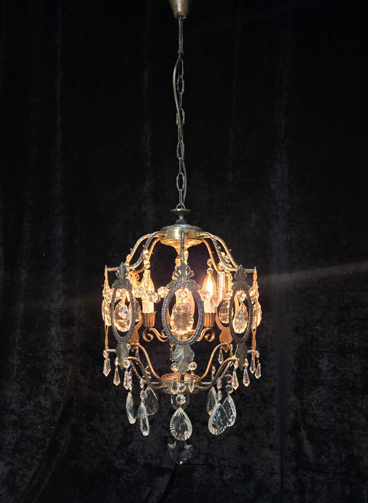 Elegant Vintage Italian Large 3 Arm Cage Crystal Brass Chandelier Ceiling Light
