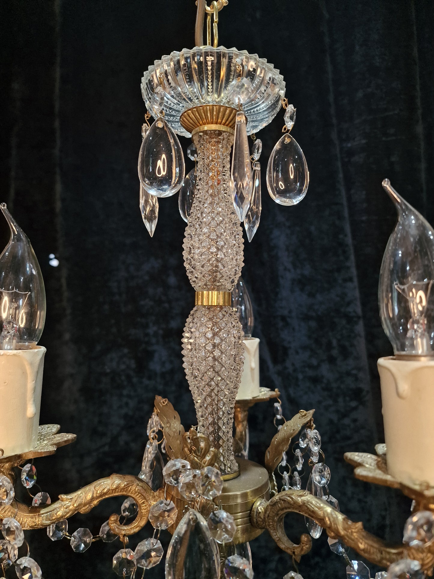 Elegant Vintage Italian 3 Arm Brass Crystal Chandelier Ceiling Light
