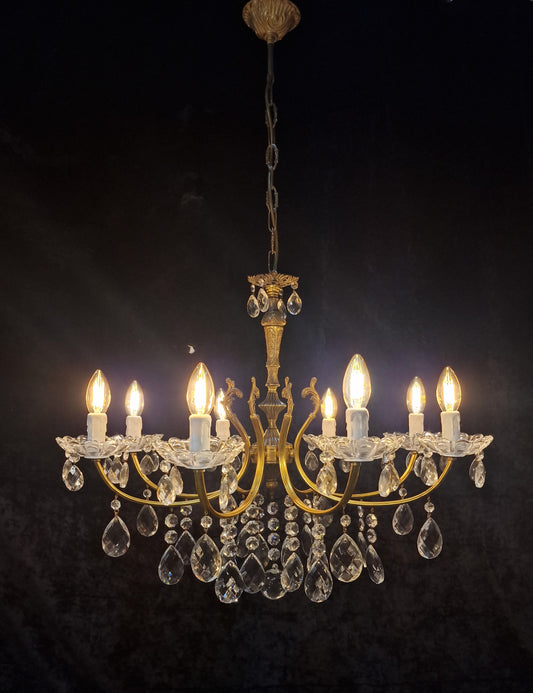 Lovely Vintage Italian 8 Arm 2 Tone Brass Leaf Crystal Chandelier Ceiling Light