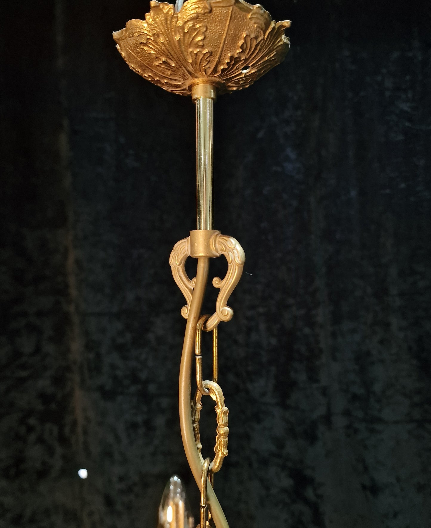 Lovely Vintage French 5 Arm Brass and Crystal Leaf Chandelier Ceiling Light