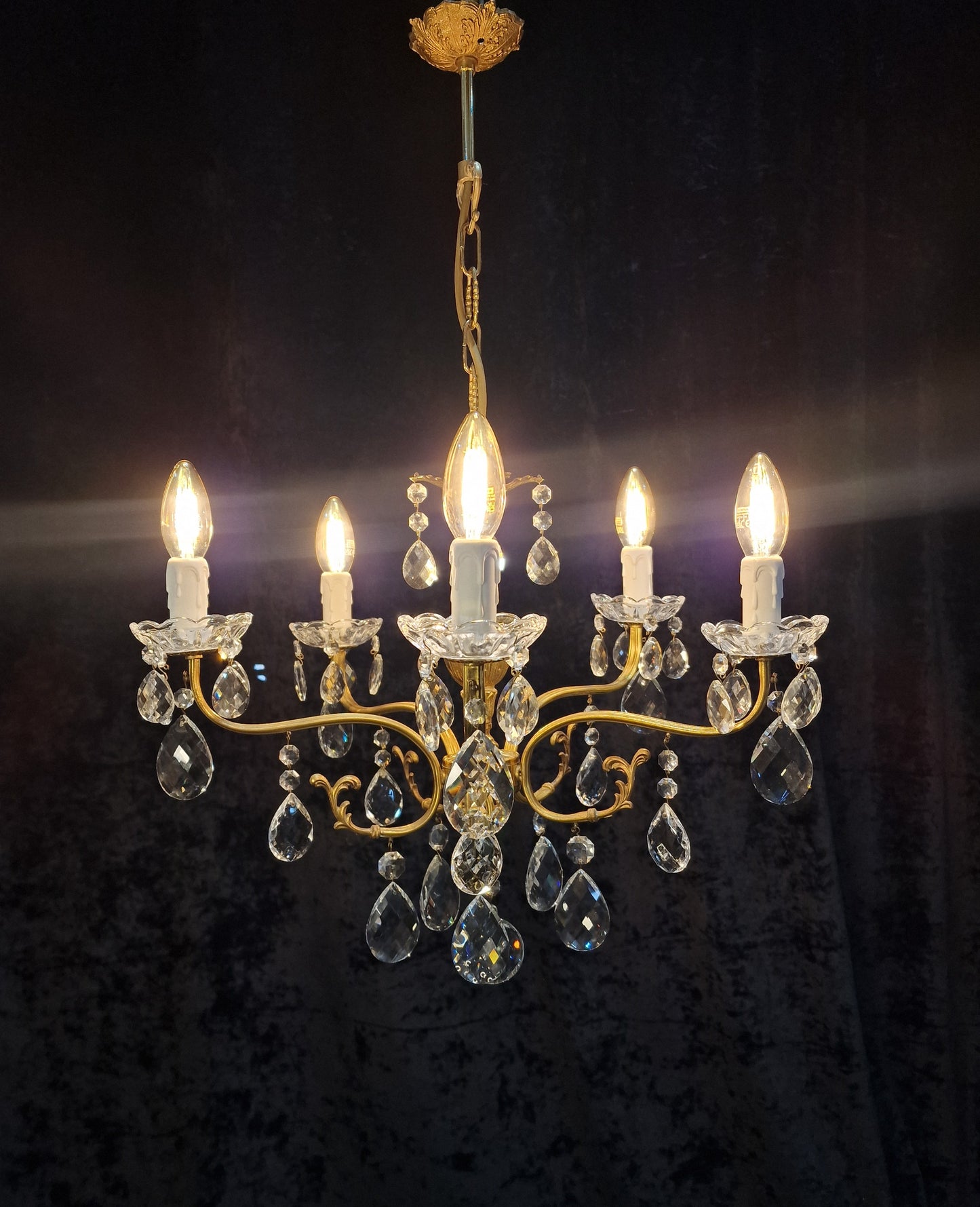 Lovely Vintage French 5 Arm Brass and Crystal Leaf Chandelier Ceiling Light