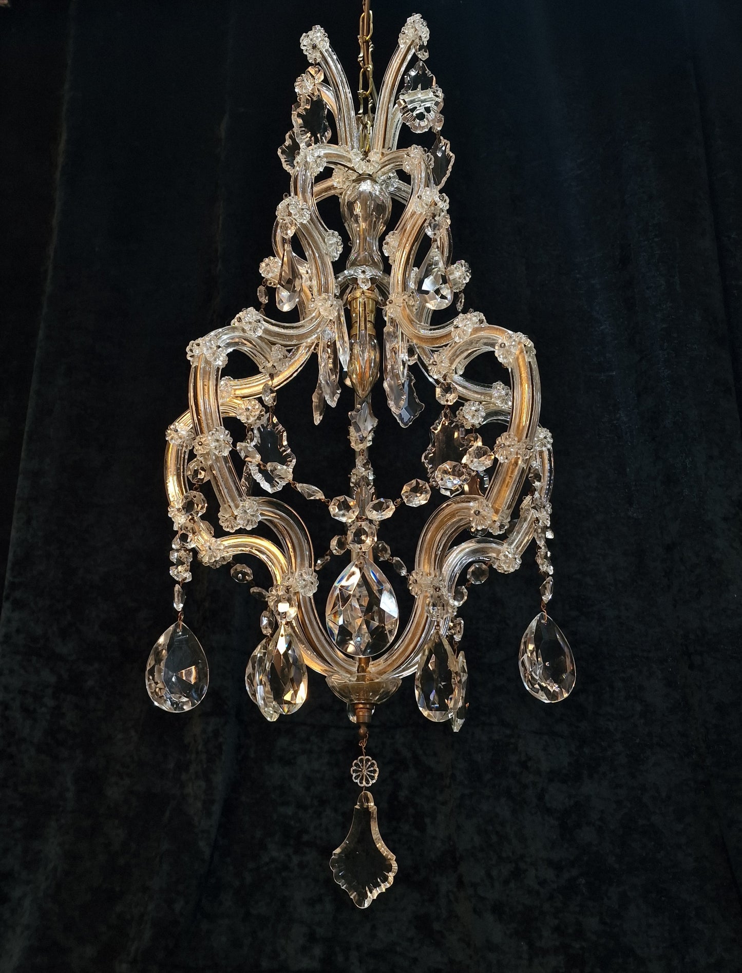 Gorgeous Vintage French Tall 1 Light Brass Glass Marie Therese Cage Chandelier