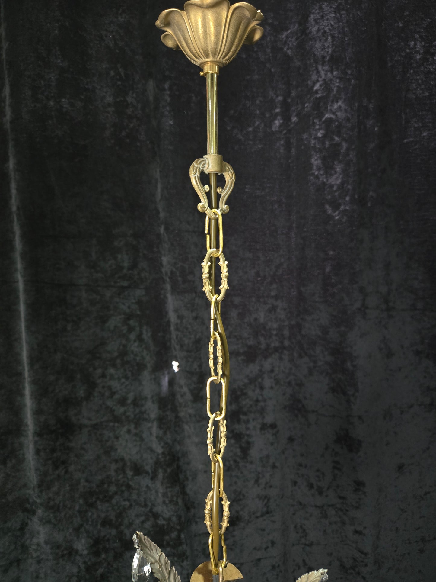 Petite Vintage French Crystal Half Bag Brass 1 Light Leaf Chandelier Light