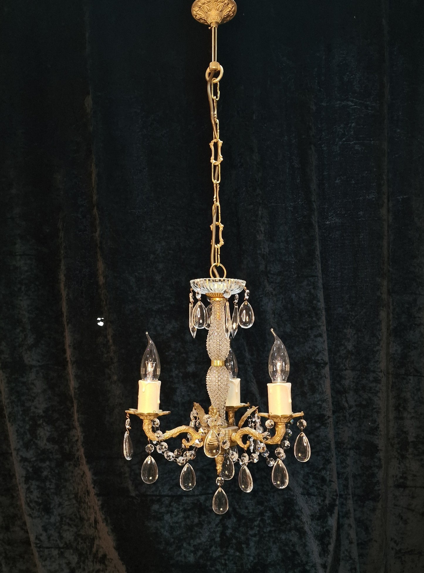 Elegant Vintage Italian 3 Arm Brass Crystal Chandelier Ceiling Light