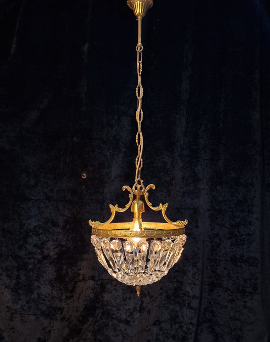 Lovely Vintage French 1 Light Brass Crystal Half Bag Montgolfiere Chandelier