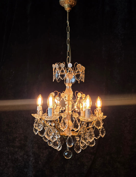 Fabulous Heavy Antique French 6 Arm Bronze Tiered Crystal Chandelier Light