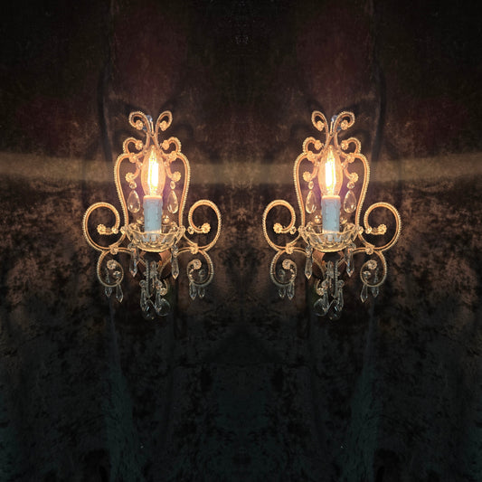 Elegant Pair Vintage Italian Venetian Style Crystal Glass and Iron Wall Lights
