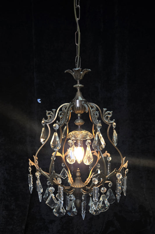 Elegant Vintage Italian 1 Light Cage Crystal Brass Chandelier Ceiling Light